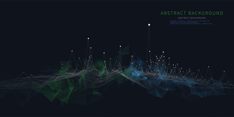 Abstract  background grid with data  dots in noisy net on dark. Technology wireframe concept data  in virtual space. Banner for business, science and technology data analytics. Big Data.