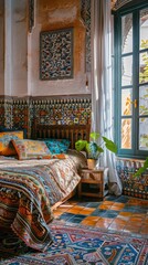 A bedroom with a bed, a plant, and a rug. The bed is covered with a colorful quilt and pillows. The room has a warm and inviting atmosphere