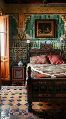 A bedroom with a green wall and a bed with a floral bedspread. The bed is surrounded by pillows and a vase
