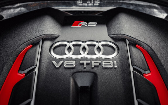 Engine cover of Audi V8 that powers RS models. Plastic engine cover with red accents for Audi Sport models like RS6, RS7, SQ7, SQ8, RSQ8. Kyiv, Ukraine - April 14 2018.