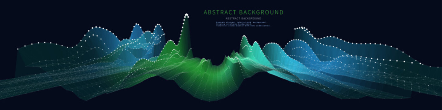 Abstract  background grid with data  dots in noisy net on dark. Technology color wireframe concept data  in virtual. Banner for business, science and technology data analytics. Big Data.