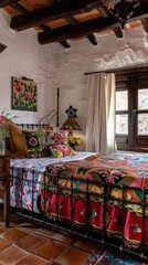 A colorful bed with a floral patterned blanket and pillows. The bed is surrounded by a wooden frame and has a vase of flowers on the nightstand. The room has a warm and inviting atmosphere