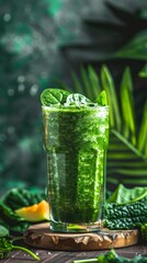 A green smoothie in a glass sits on a wooden table next to a bunch of spinach. The smoothie is garnished with a few pieces of spinach, and the table is surrounded by green leaves