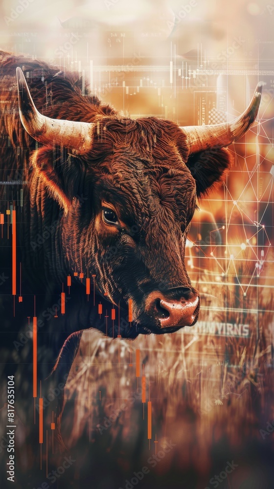 Poster A bull with horns is staring at the camera. The image is a mix of real and digital elements, with the bull's horns appearing to be made of pixels. Scene is somewhat eerie and unsettling
