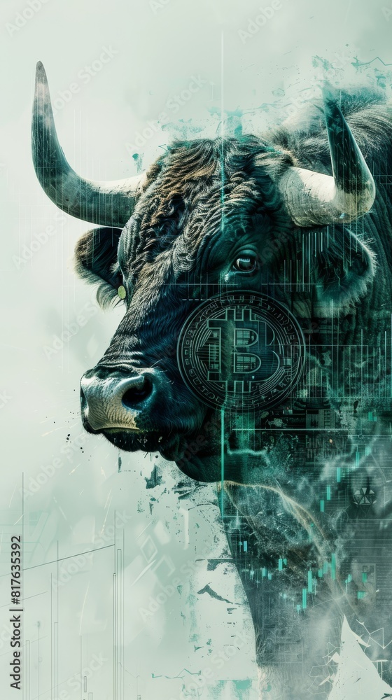 Poster a bull with a large horn is standing in front of a large bitcoin symbol. the bull is surrounded by a