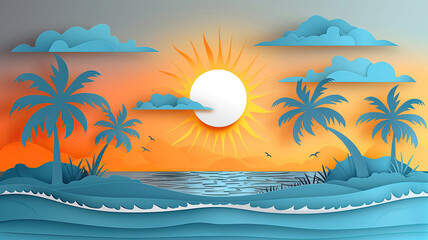 Summer seascape with palm trees and sun in paper cut style. Generated by artificial intelligence