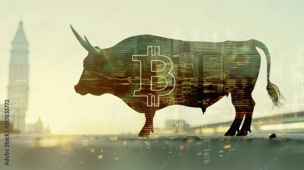 Poster a cow is shown with a large b on its back. the cow is surrounded by a cityscape, with buildings and 