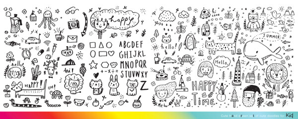 Collection of hand drawn cute doodles,Doodle children drawing,Sketch set of drawings in child style,Funny Doodle Hand Drawn,Page for coloring, cute animal hand drawn