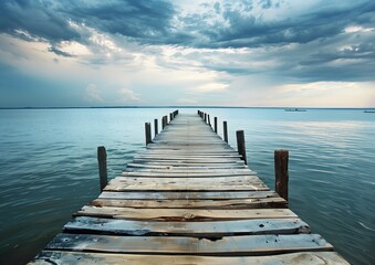 Fototapeta premium Tranquil Wooden Pier Extending into Calm Blue Sea under Cloudy Sky at Dawn
