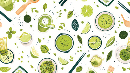 Seamless pattern with green matcha powder food drinks