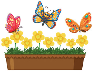 Three vibrant butterflies on yellow flowers in a planter