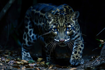 A clouded leopard blending into the night, its spotted coat camouflaged against the darkness, yet its eyes glowing with intensity