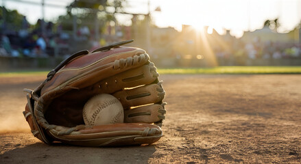 A well-worn leather baseball glove resting on a sun.