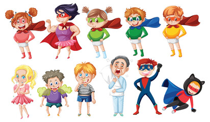 Colorful illustration of kids dressed as superheroes