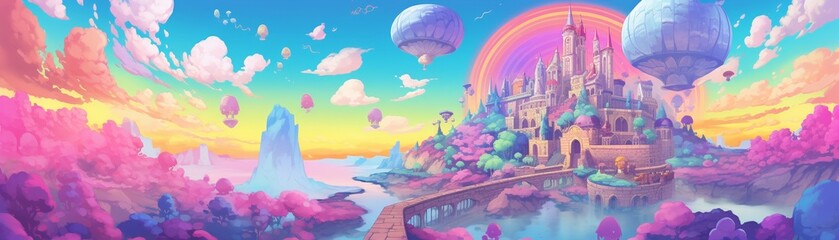 Pastelcolored pixel art game scene, animators fantasy world illuminated, front view