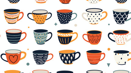 Seamless pattern with modern tea cups and mugs on white