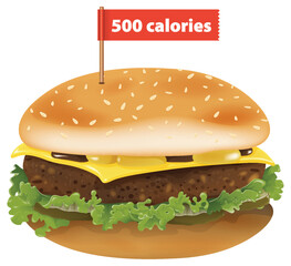 Illustration of a cheeseburger with 500 calories