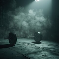 Iron barbells on a dark, smoky cinematic background, facilities in the gym for sports training function to increase bone density, shoulder muscles and also triceps
