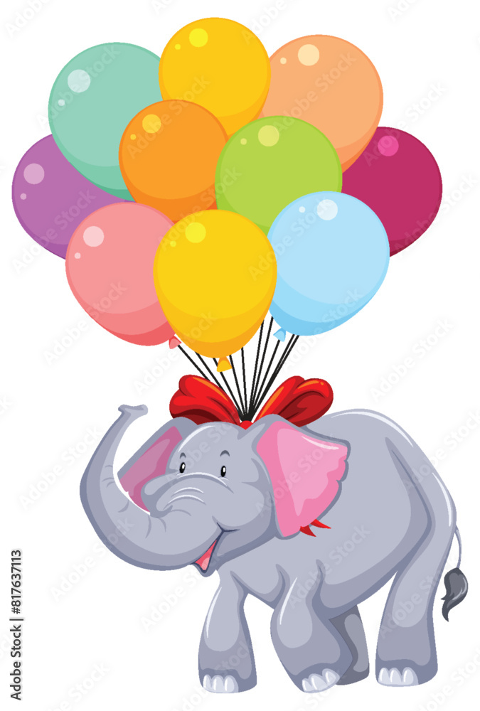 Poster Cartoon elephant tied to vibrant multicolored balloons