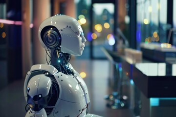 Fototapeta premium Modern robot sitting at table with glass of water in front, futuristic technology concept