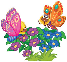 Two vibrant butterflies interacting over blooming flowers