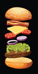 Layered burger ingredients on black background
