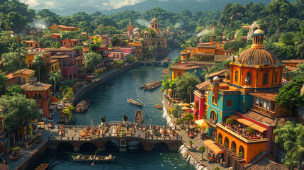 Obraz premium A charming traditional town built around a central plaza, with colorful houses, arched walkways, and outdoor dining areas overlooking a river.