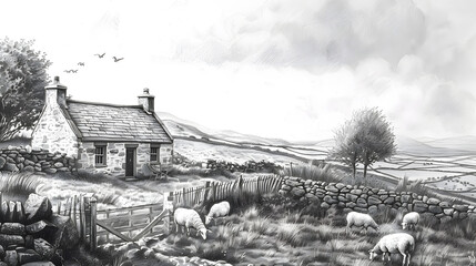 Obraz premium Sketch a traditional Irish countryside scene with rolling hills, stone cottages, and sheep grazing in the fields, using pencil technique to capture the intricate details of the landscape.