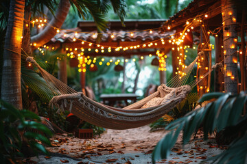 Fototapeta premium Cozy hammock with string lights in a tropical garden setting, ideal for a relaxing evening.