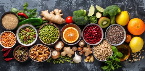 Vibrant Healthy Food Array in Bowls on Concrete Background, Flat Lay