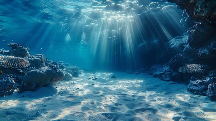 Underwater scene with sunlight rays filtering through clear blue water onto sandy ocean floor