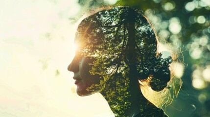 Double exposure portrait of young woman and green forest