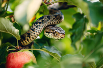 Fototapeta premium Red apple and snake on green tree