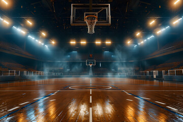 Dramatic basketball court with atmospheric lighting
