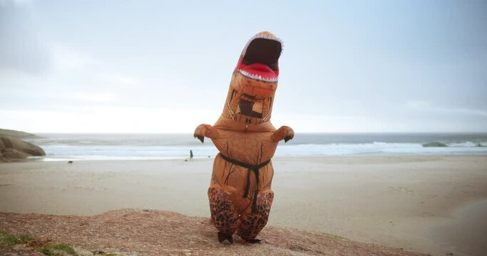 Costume, ocean and fun with tai chi, zen and peace for beach and wellness with nature. Mascot, inflatable dinosaur and exercise with blue sky, comic workout and bow for health and fitness balance