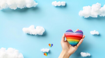 hand holding rainbow heart, blank space, minimalism, negative space, template, pride month lgbtqia theme, pastel background wallpaper
