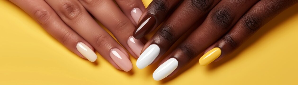 Background of diverse woman hands with manicure in fashion colors. Elegant acrylic nude brown gel polish coffin nail manicure wear armor earth tones for spa salon web advertising branding banner