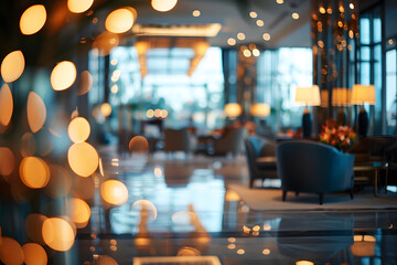 Elegant hotel lobby interior with soft focus and warm lighting
