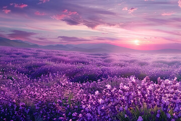 Fototapeta premium Lilac lavender flowers on the meadow on sunset background