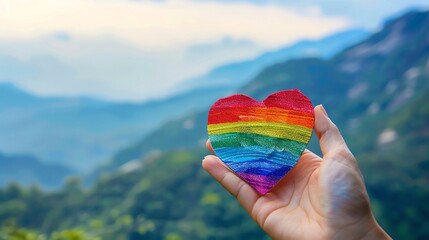 hand holding rainbow heart, blank space, minimalism, negative space, template, pride month lgbtqia theme, pastel background wallpaper