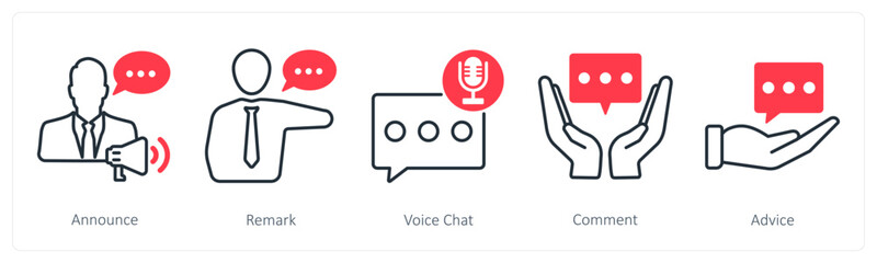 A set of 5 communication icons as announce, remark, video chat