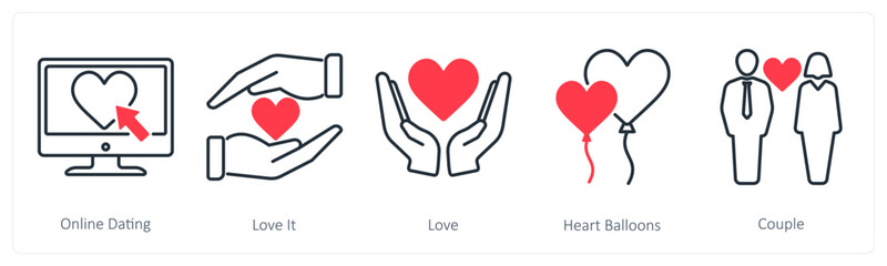 A set of 5 Love and Romance icons as online dating, love it, love