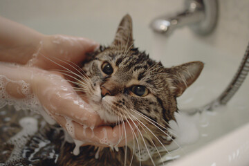 woman washing her cat in bathtub