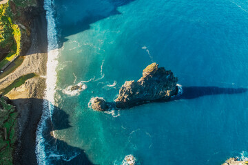 Aerial view of Ribeira da Janela beach with rock Ilheu Grande ,  Madeira Island, Portugal