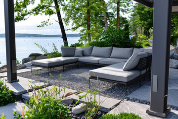 modern sofa on the terrace with lake view