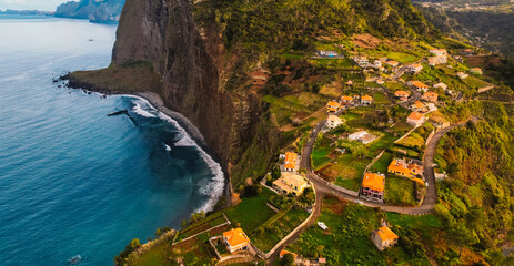 Aerial view of rough ocean with  huge cliff and waves, volcanic beach in Guindaste viewpoint in...