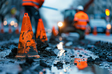 close up of orange cones on the road repairing