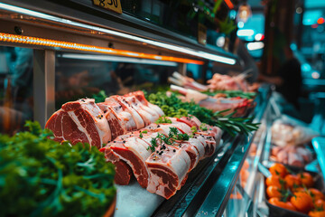 assortment of raw meat on the display in the market