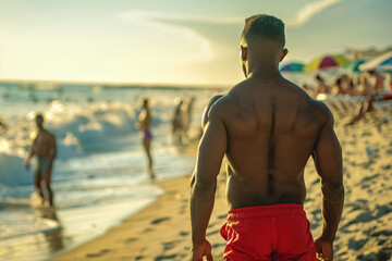back view of muscular lifeguard in red