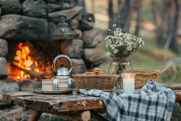 Cozy fireplace with crackling flames, perfect for a relaxing outdoor picnic and memorable moments...